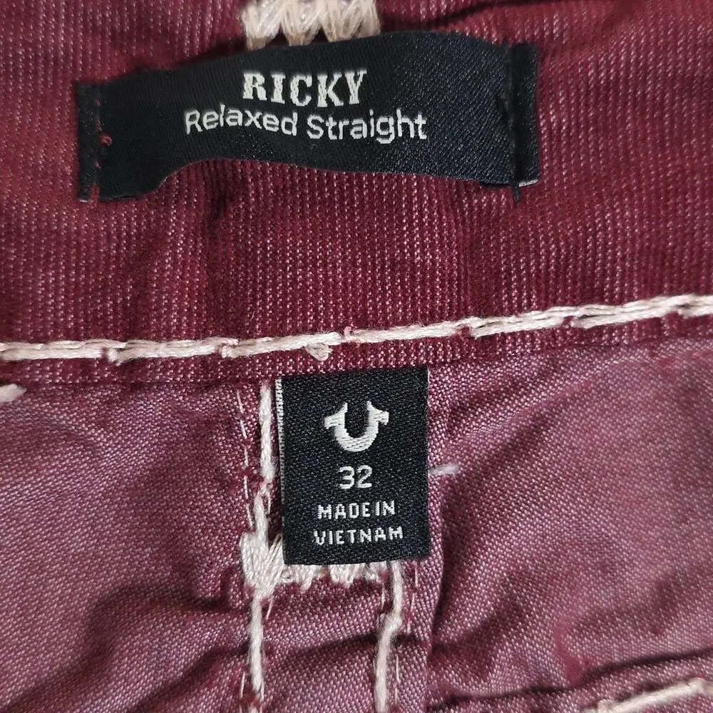 True Religion Ricky Super T Micro Corduroy Relaxed Straight Pants Red Mens 32